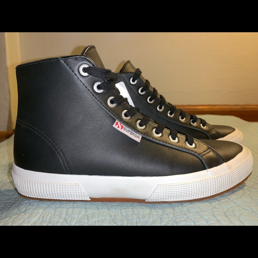 NWT Superga High Top Black Leather Sneakers